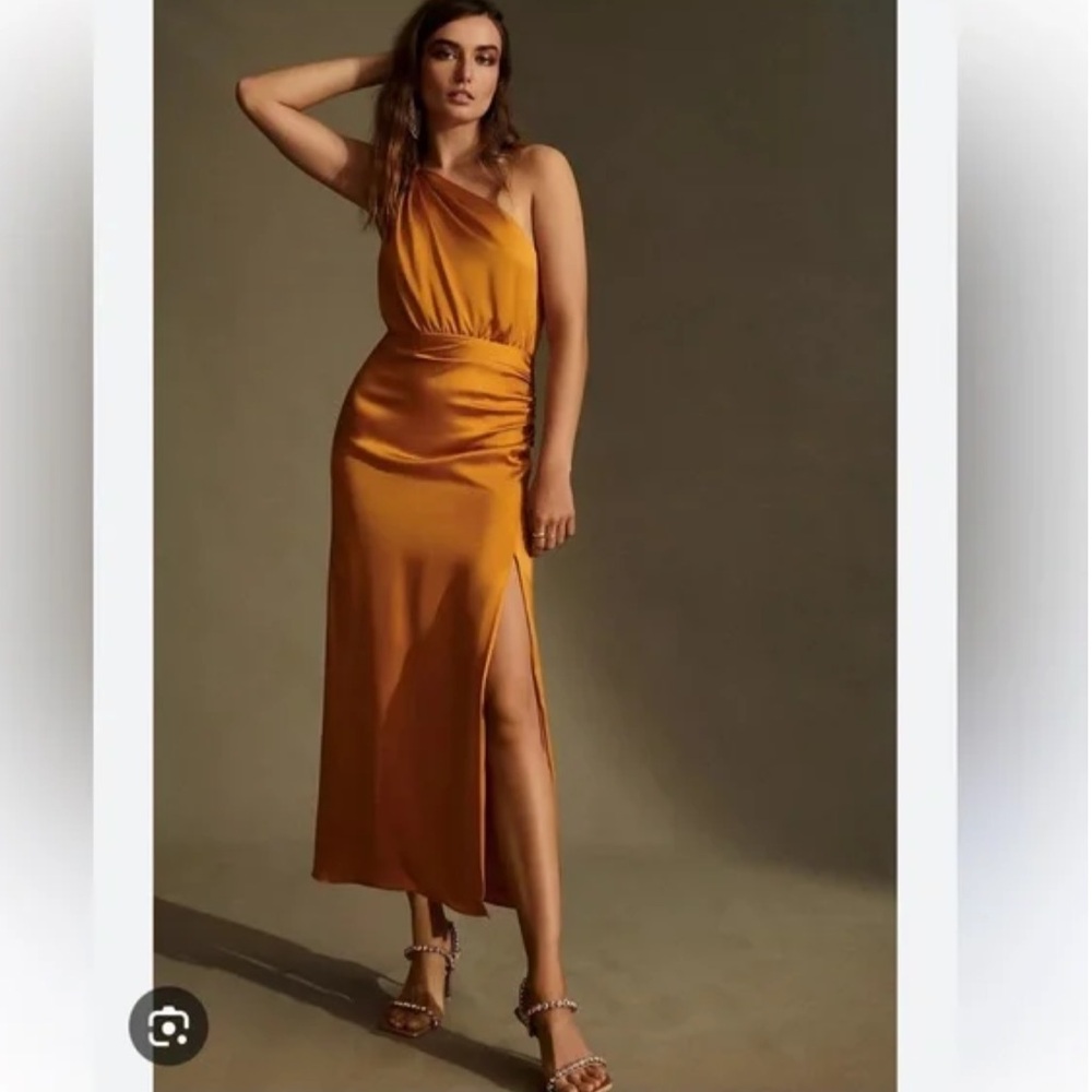 Anthropologie One Shoulder Braided Silk Dress in Warm Yellow